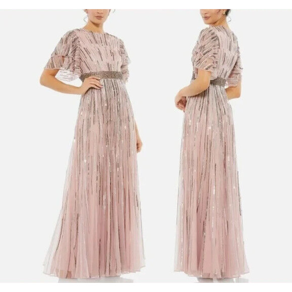 NWT Mac Duggal 93582 Beaded Flutter‎ Sleeve Formal Evening Gown Rose Pink - Picture 1 of 7